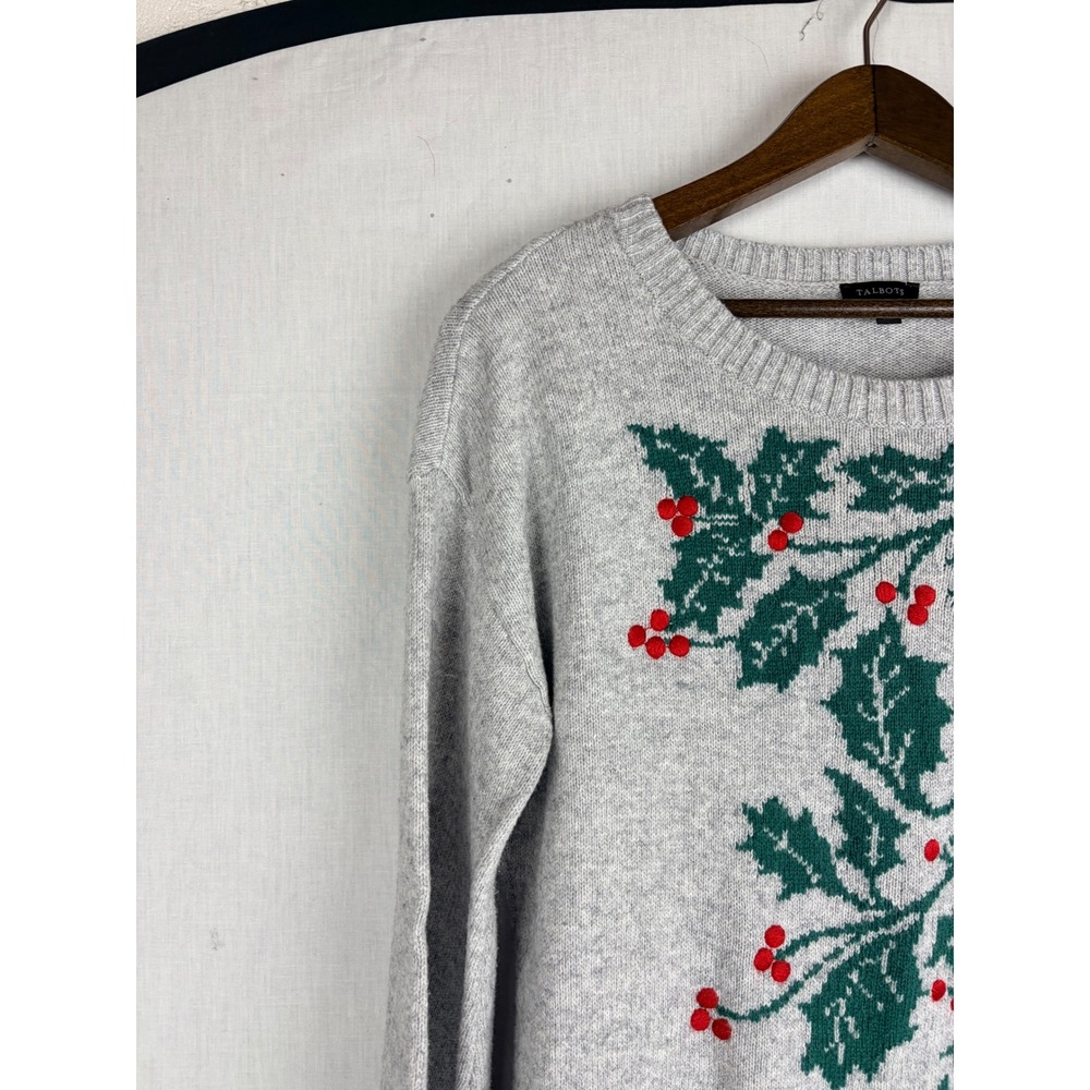 Talbots Womens Gray Holly Berry Intarsia Holiday Christmas Crewneck Sweater M - Picture 4 of 14